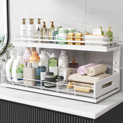 Under Sink Organizer Upgrade To Professional Rails,2-Tier Dual Pull Out Cabinet Storage,Height Adjustable Slide Out Drawers For Bathroom Kitchen,2 Pack-14.5" Dx12.8-16.9" H,White