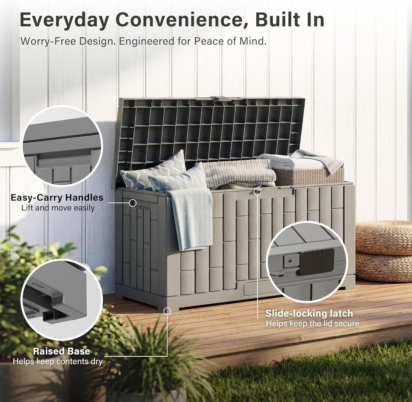 EAST OAK Outdoor Storage Box, 31 Gallon Deck Box Indoor and Outdoor Use, Waterproof Resin Storage Bin for Package Delivery, Patio Cushions, Gardening Tools, Lockable, UV Resistant, Grey