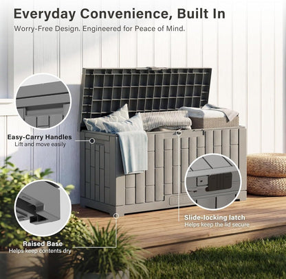 EAST OAK Outdoor Storage Box, 31 Gallon Deck Box Indoor and Outdoor Use, Waterproof Resin Storage Bin for Package Delivery, Patio Cushions, Gardening Tools, Lockable, UV Resistant, Grey
