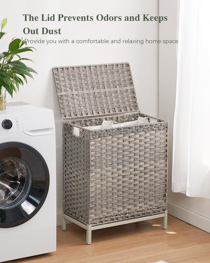 SETVSON Laundry Hamper with Lid 132 L, (35 Gallons) Clothes Hamper with Lid, Handwoven Rattan Laundry Hamper with Metal Heightened Feet, Laundry Hampers with 3 Removable Liner Bags for Laundry-Natural