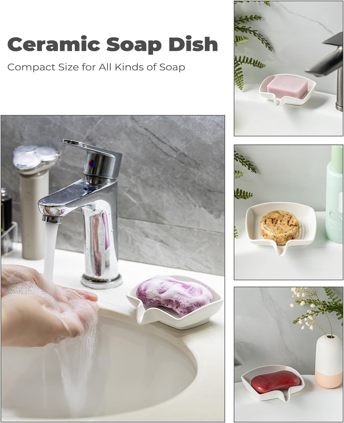 Self Draining Soap Dish, Ceramic Drain Soap Holder Waterfall Design Soap Saver for Shower, Bathroom, Sink, Kitchen and Countertop, Keeps Dry, Green