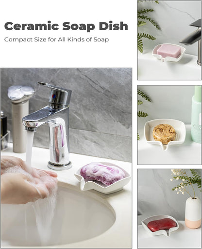 Self Draining Soap Dish, Ceramic Drain Soap Holder Waterfall Design Soap Saver for Shower, Bathroom, Sink, Kitchen and Countertop, Keeps Dry, Green