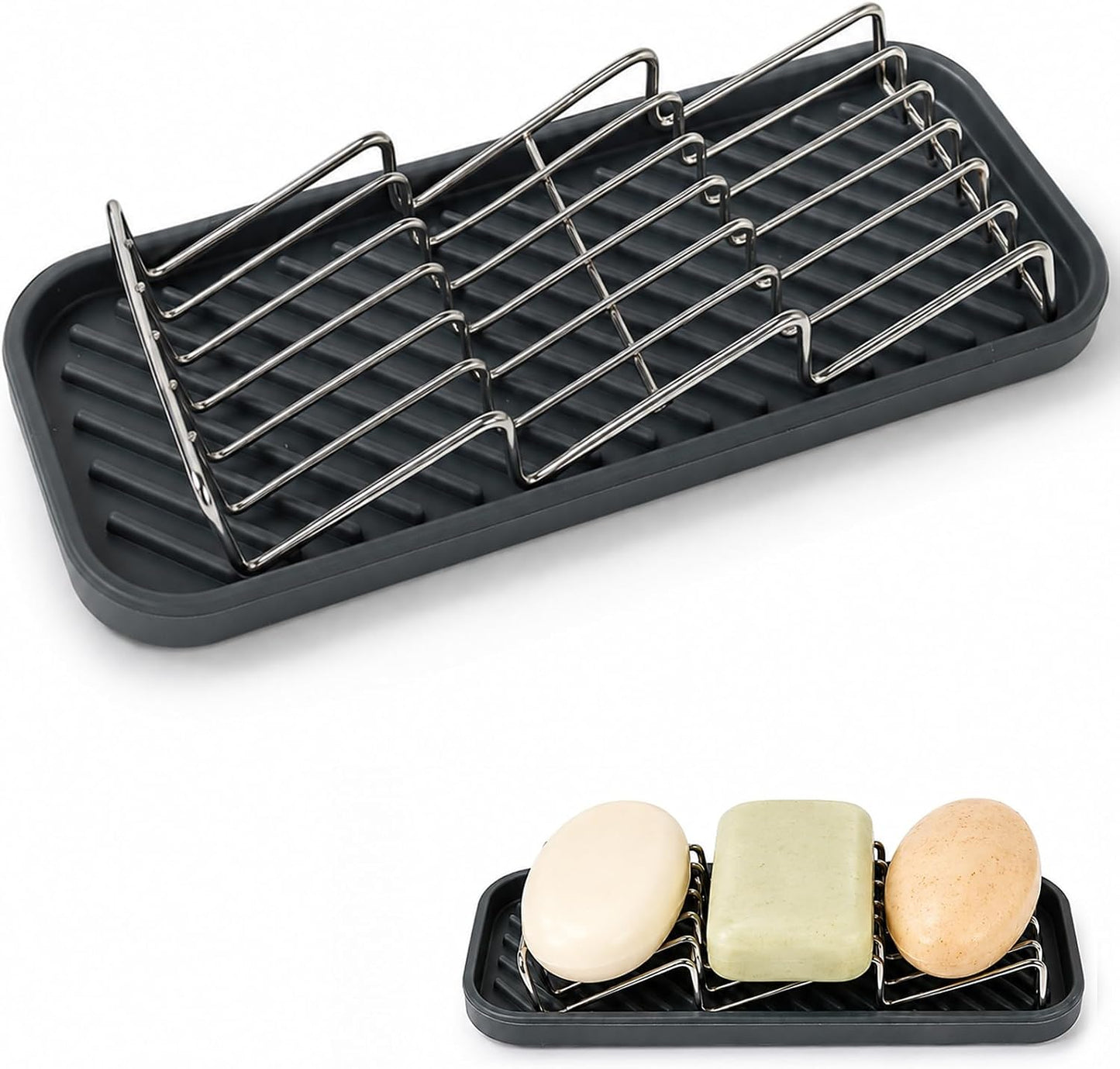 OZNER 304 Stainless Steel 3 Bar Soap Holder, Self Draining Soap Dish for Shower, Shampoo Bar Holder with Detachable Silicone Tray, Rust Proof Soap Saver for Bathroom Sink & Kitchen