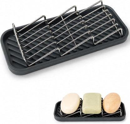 OZNER 304 Stainless Steel 3 Bar Soap Holder, Self Draining Soap Dish for Shower, Shampoo Bar Holder with Detachable Silicone Tray, Rust Proof Soap Saver for Bathroom Sink & Kitchen