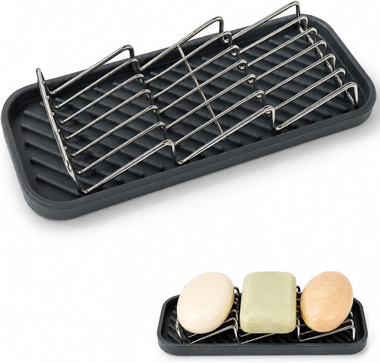 OZNER 304 Stainless Steel 3 Bar Soap Holder, Self Draining Soap Dish for Shower, Shampoo Bar Holder with Detachable Silicone Tray, Rust Proof Soap Saver for Bathroom Sink & Kitchen
