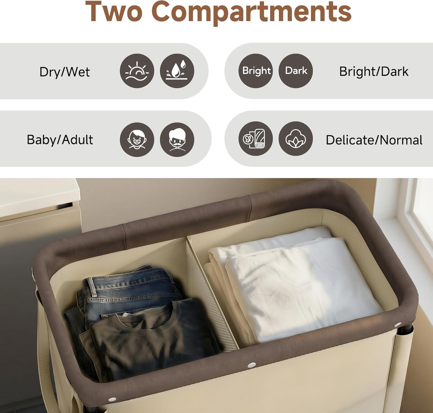 StorageWorks 3 Section Laundry Hamper, Rolling Laundry Cart with Wheels and Handles, Laundry Room Double Sorter for Organizer and Storage, 31.7 Gal(120L), Beige