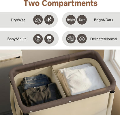 StorageWorks 3 Section Laundry Hamper, Rolling Laundry Cart with Wheels and Handles, Laundry Room Double Sorter for Organizer and Storage, 31.7 Gal(120L), Beige