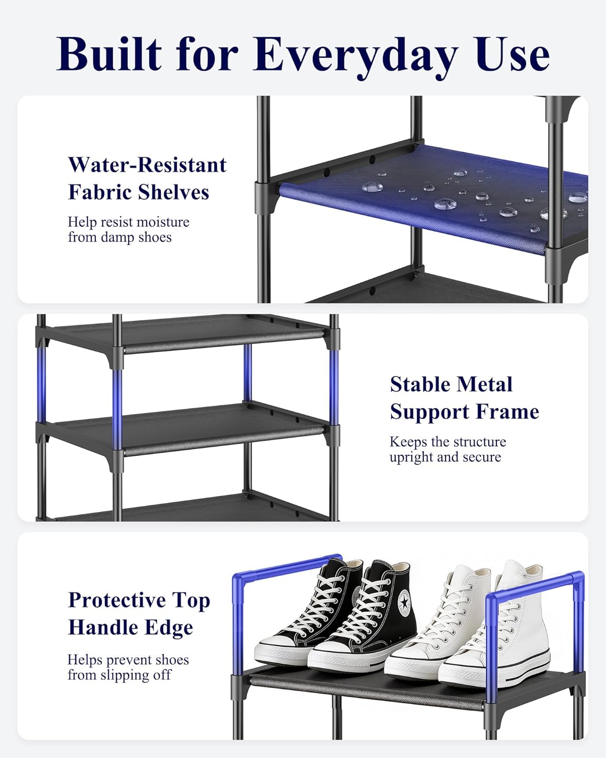 Kitsure Shoe Rack - 10-Tier Shoe Organizer with Detachable Fabric Shelves & Metal Frame, Tall Shoe Rack for Closet, Entryway, Living Room, 16.9" Wide - 10 Tier, Black