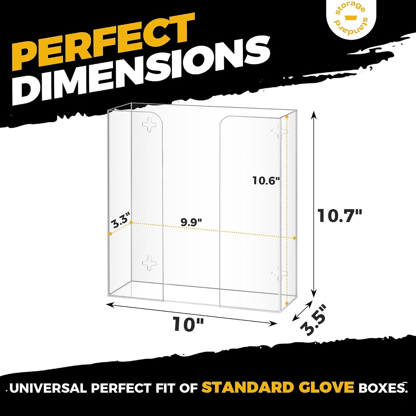 Storage Standard Glove Box Holder Dispenser - Kitchen, Medical, & Latex Gloves Holder Wall Mount or Countertop, Universal Fit - Thick Acrylic, Easy to Use, Slide, & Load Open Top Design - Clear