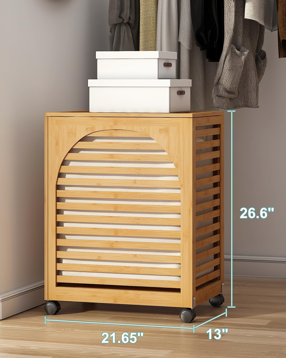 Black Laundry Hamper with Wheels, Laundry Basket with Lid, 22.5 Gallon (85L) Bamboo Wood Clothes Laundry Hamper 2 Section with Handles, Removable Liner