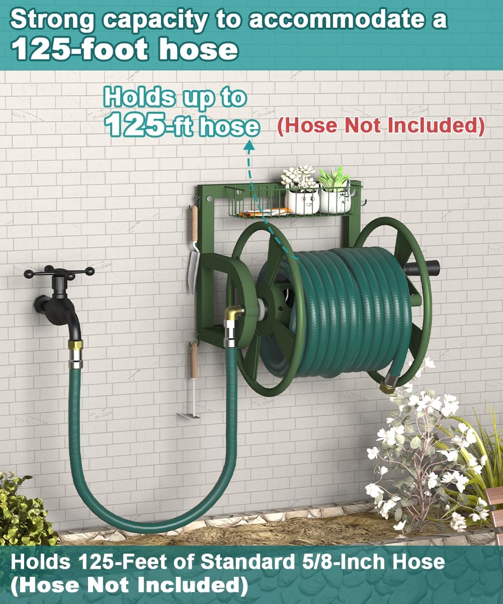 Artigarden Outdoor Wall Mounted Hose Reel with Hook, Garden Heavy-Duty Water Holder Winder with 3.9 ft Leader Hoses, Brass Fitting and Storage Basket for Yard, Holds 125 Ft of 5/8-Inch Hose, Black