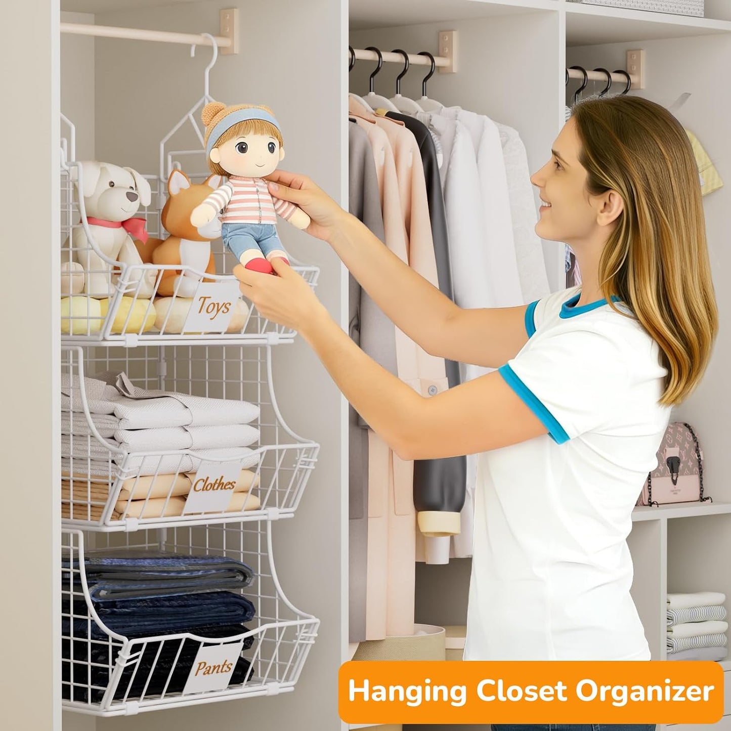 Hanging Closet Organizers and Storage, 3 Tier Closet Shelf Clothes Organizer with 2 S-Hooks, Multi-Functional Iron Wire Baskets, for Clothing, Sweaters, Handbags, Hat, Canned