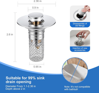 Bathroom Sink Drain Strainer, Pop-up Sink Stopper Hair Catcher with Removable 304 Stainless Steel Strainer Basket Hair Catcher, Bathroom Sink Strainer for Bathroom Sink Stopper Replacement, 2 PCS