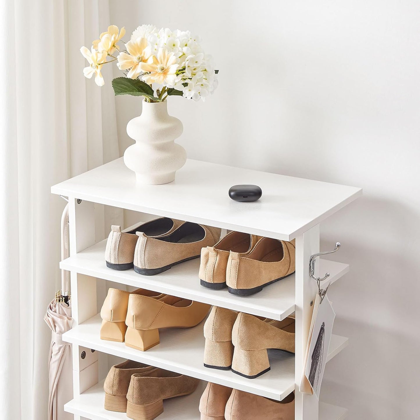 HOOBRO 8 Tiers Vertical Shoe Rack, Wooden Shoe Storage Organizer with Hooks, Narrow Shoe Tower for 8 Pairs, Space Saving, for Entryway, Living Room, Bedroom, Rustic Brown BF07XJ01G1