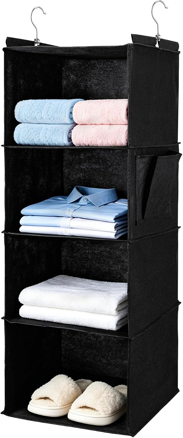 BOOMIBOO Hanging Closet Organizer and Shelves, 4 Shelves with 1 Side Pockets, Foldable, Grey Fabric, Modern Style, for Bedroom and Dorm Room (Grey)
