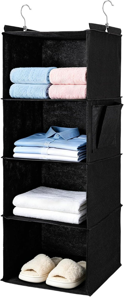 BOOMIBOO Hanging Closet Organizer and Shelves, 4 Shelves with 1 Side Pockets, Foldable, Grey Fabric, Modern Style, for Bedroom and Dorm Room (Grey)