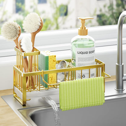 HapiRm Sponge Holder for Kitchen Sink - Self-draining Sink Caddy with Brush and Dishcloth Holders, Stainless Steel Kitchen Countertop Organizers and Storage Essentials - Black