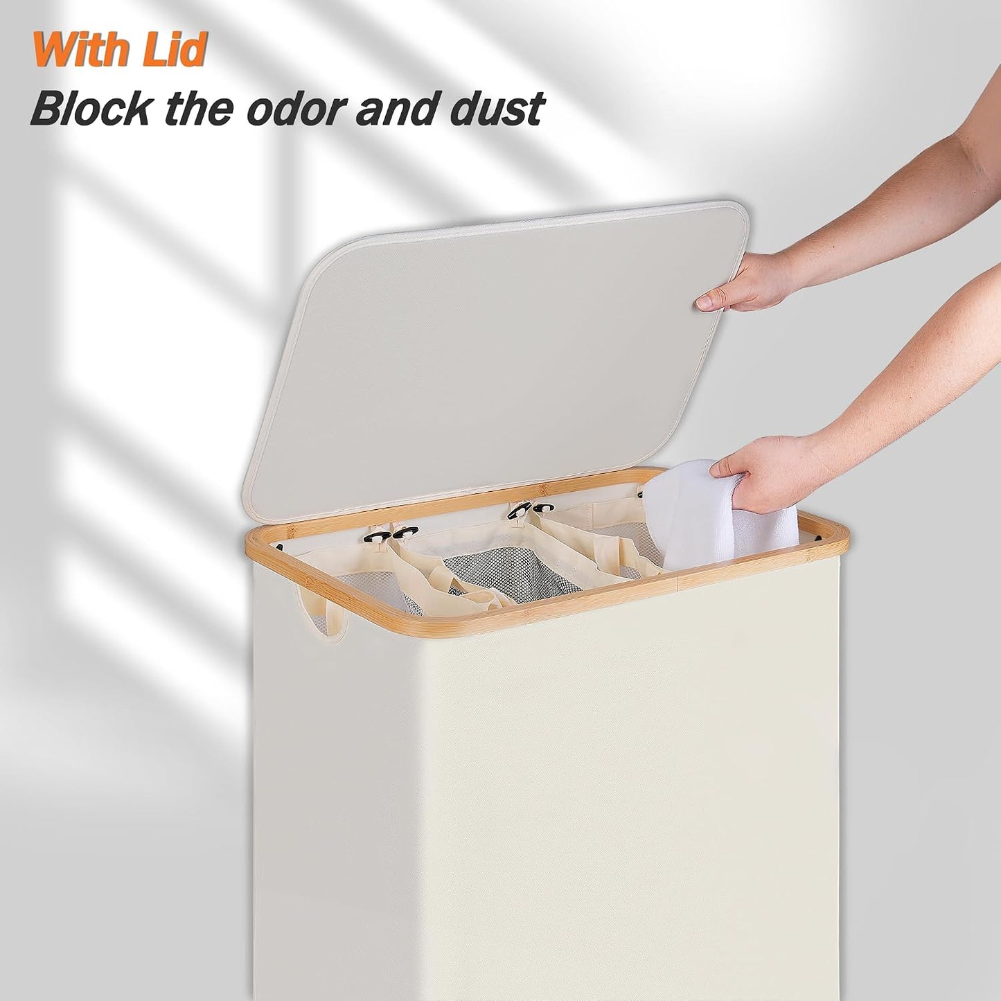 efluky Laundry Hamper with Lid, Trio Laundry Basket with 2 Removable Bags, 3 Section Laundry Bin with Bamboo Handles for Bathroom, Bedroom & Laundry Room, 160L (42.3 Gallon) Beige