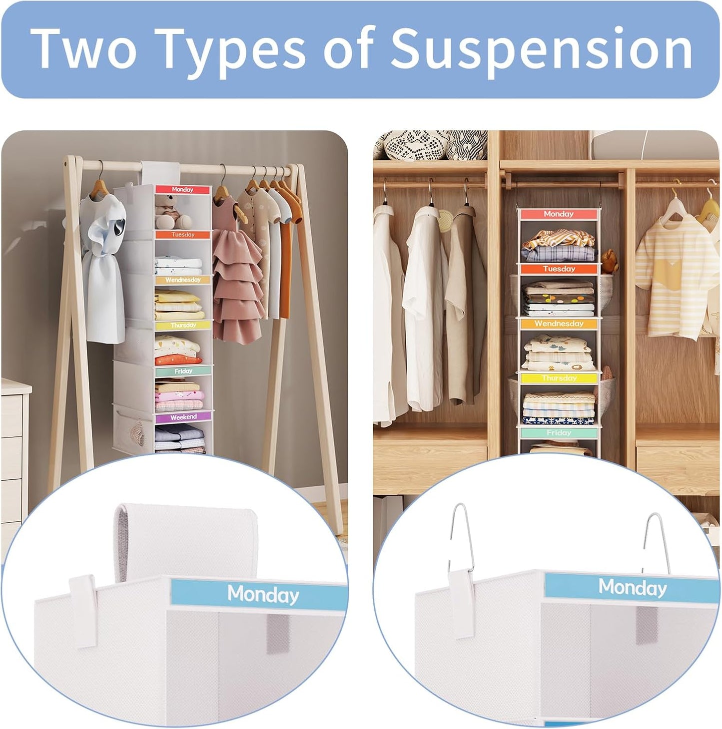 Fixwal 2 Pack 6-Shelf Weekly Hanging Closet Organizer for Kids, Kids Daily Clothes Organizers with 6 Side Pockets, Days of The Week Hanging Storage Shelves (White)