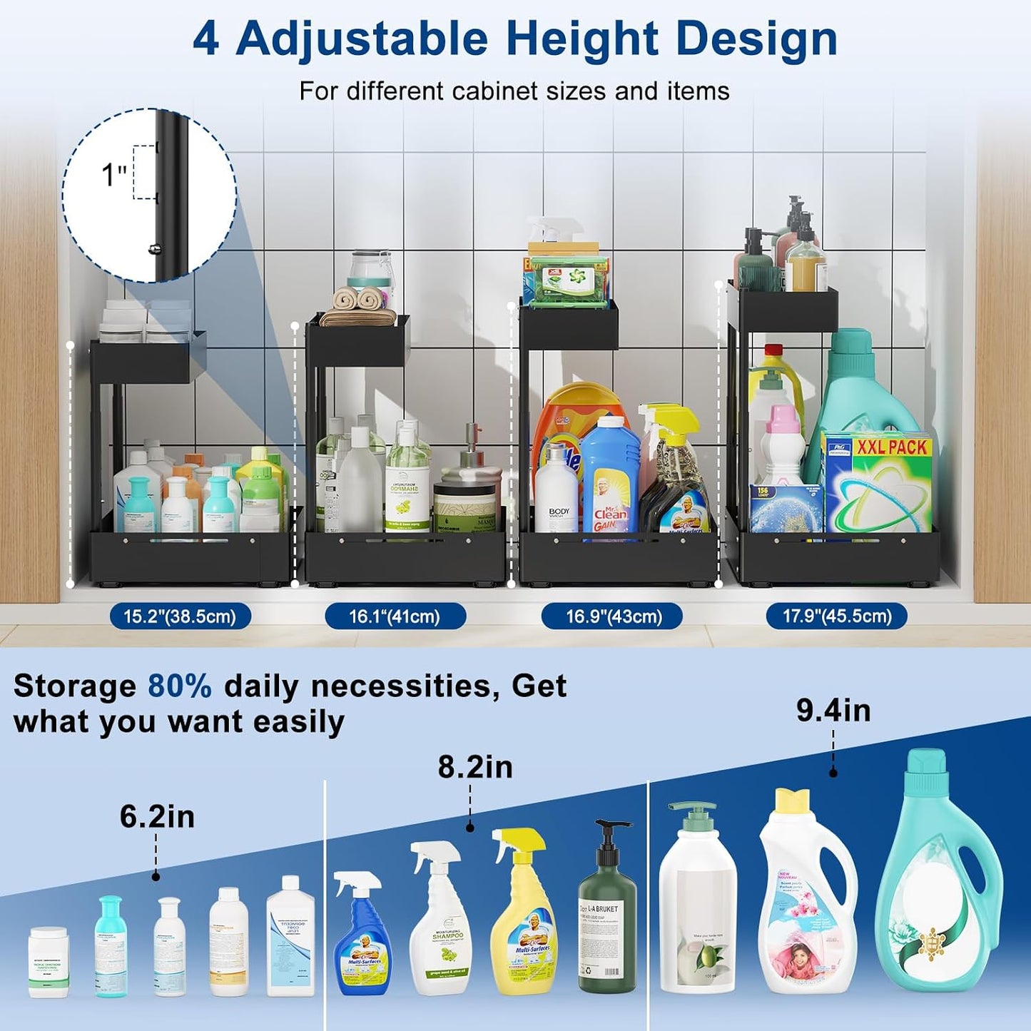 Insputer Upgrade Expandable Under Sink Organizer, 2 Tier Metal Under Cabinet Storage with 3 Slide Rails, Height Adjustable, Thickened Pull Out Drawer Shelf for Bathroom, Kitchen, Laundry, Pantry
