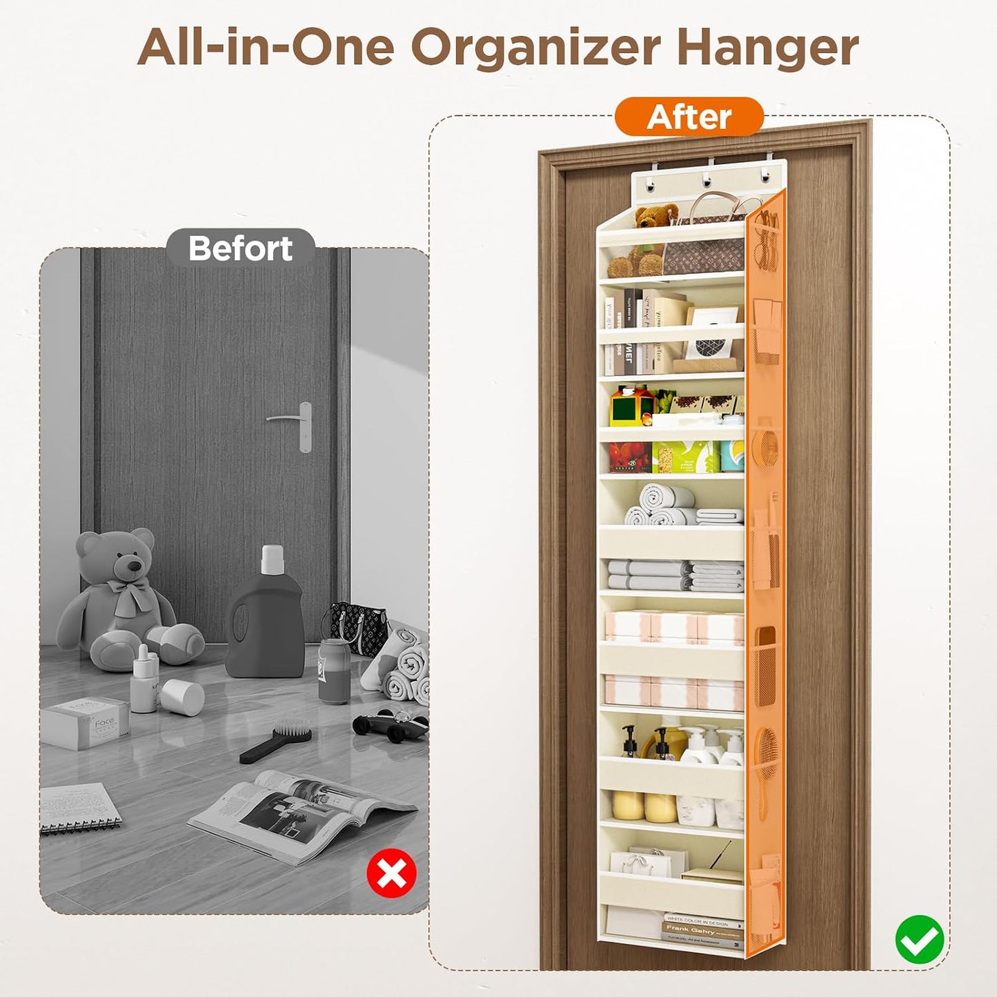 6 Tiers Over The Door Organizer, Heavy Duty Hanging Organizer Storage with Large Capacity Pockets, Behind Door Storage Hanging Shelves for Closet Wall Bathroom Bedroom Nursery Pantry, 1 Pack Grey