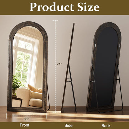 XRAMFY Full Length Mirror 65" x 22", Arched Large Floor Mirror with Solid Wood Frame, Freestanding & Wall Mounted, Antique Brown Finish for Bedroom Living Room