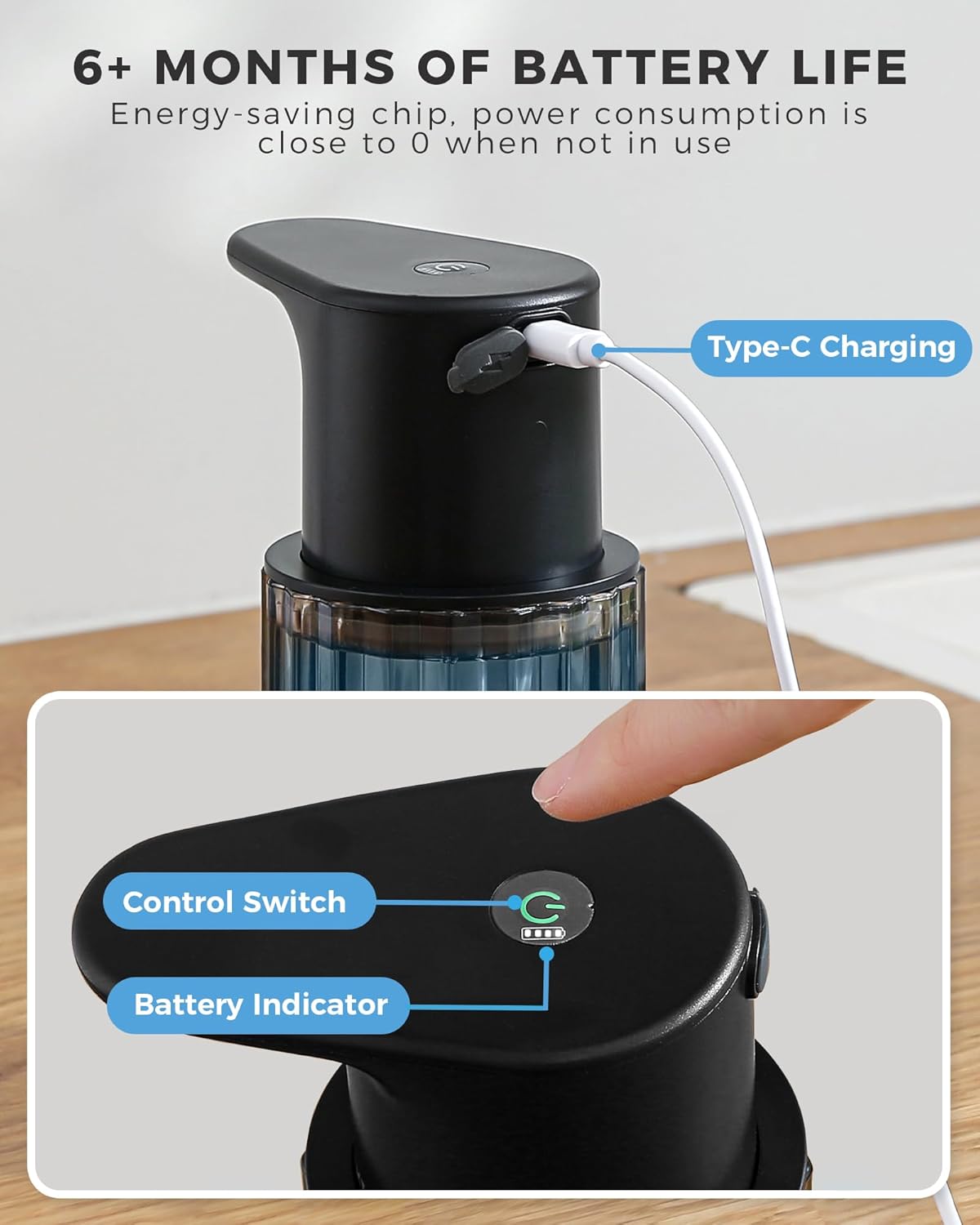 Automatic Foaming Soap Dispenser Touchless, 3 Adjustable Liquid Levels, 10oz/300ml Rechargeable, IPX7 Waterproof for Bathroom, Kitchen, Black