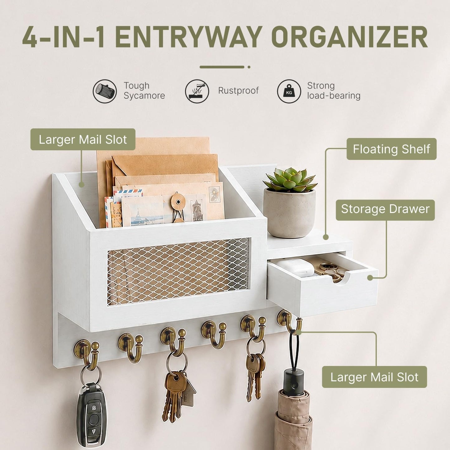 FifthQuarter Key Holder Wall Mount: Key and Mail Holder for Wall with 6 Hooks and Storage Drawer, Easy Installation Key Rack for Entryway Home Decor (A-White)