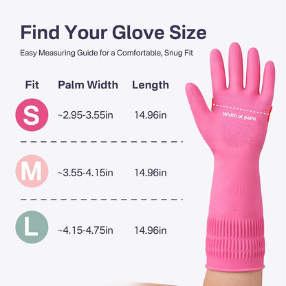 Rubber Dishwashing Gloves, 3 Pairs, Reusable Cleaning Dish Gloves for Kitchen, Non-Slip, Waterproof Dish Washing, Long Cuff for Woman (Red+Pink+Green, Small)