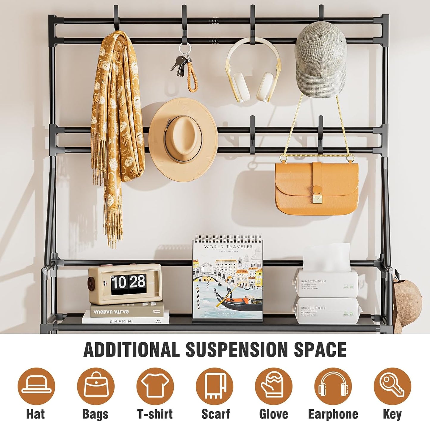 OYREL Shoe Rack, 5 Tier Shoes Storage Organizer, with Functional Hooks and Side Pocket, 20-25 Pairs, for Closet/Entrance/Entryway, Sneaker and Boot Stackable Free Standing Shoe Rack