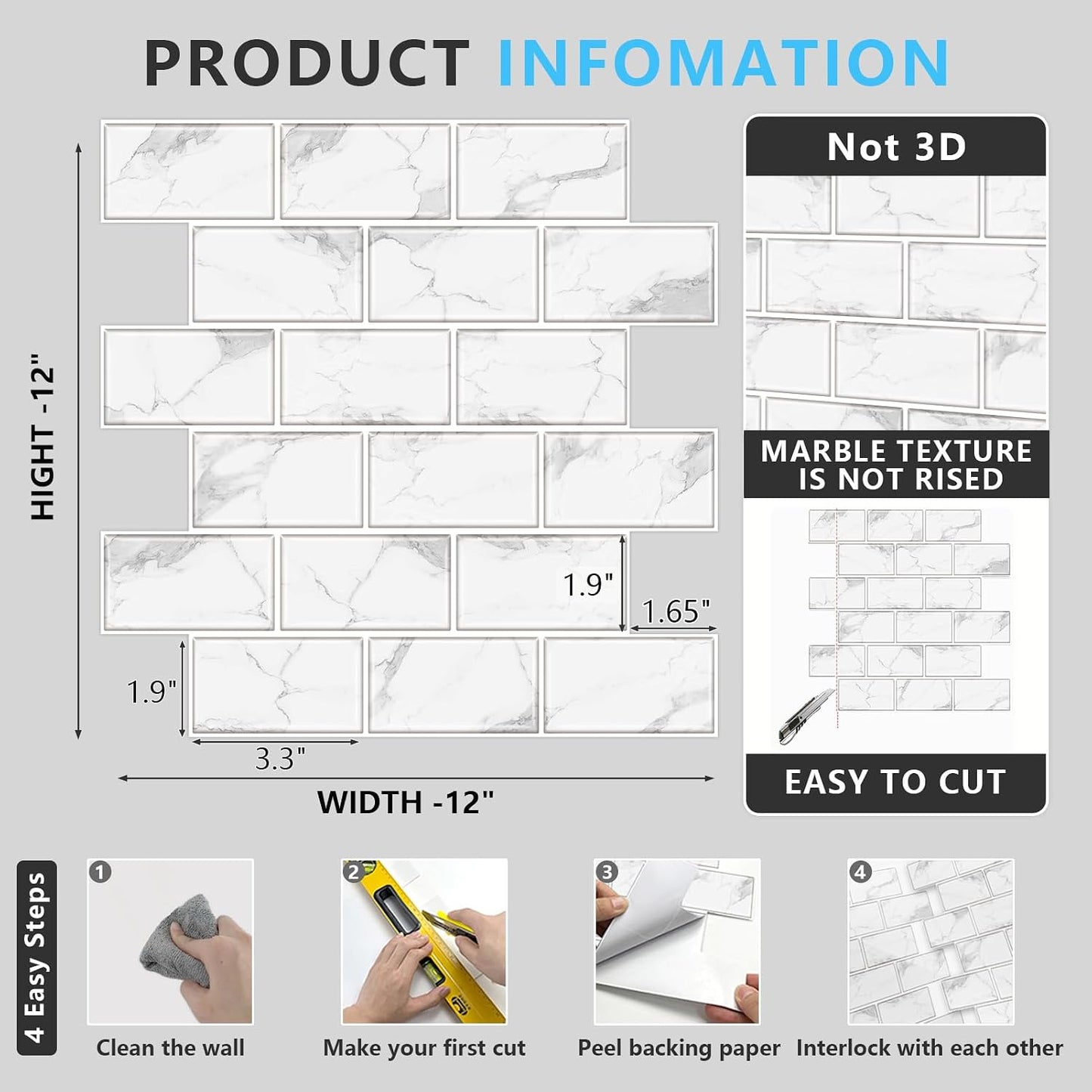 URCOLOR 10-Sheet Stick on Backsplash for Kitchen,12"x12" Peel and Stick Self Adhesive Wall Tiles Back Splashes for Bathroom Brown Marble Look