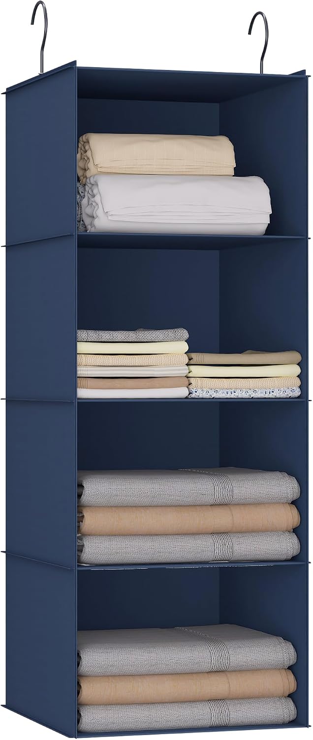 Hanging Closet Organizer 3-Shelf, Oxford Fabric Wardrobe Storage, Gray | Easy-mount foldable design holds clothes, handbags, shoes & accessories; washable Oxford fabric, sturdy and space-saving.
