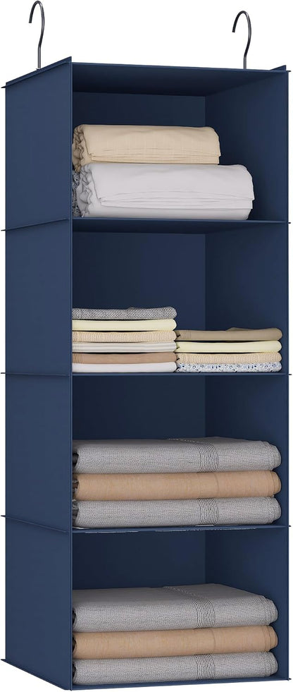 Hanging Closet Organizer 3-Shelf, Oxford Fabric Wardrobe Storage, Gray | Easy-mount foldable design holds clothes, handbags, shoes & accessories; washable Oxford fabric, sturdy and space-saving.