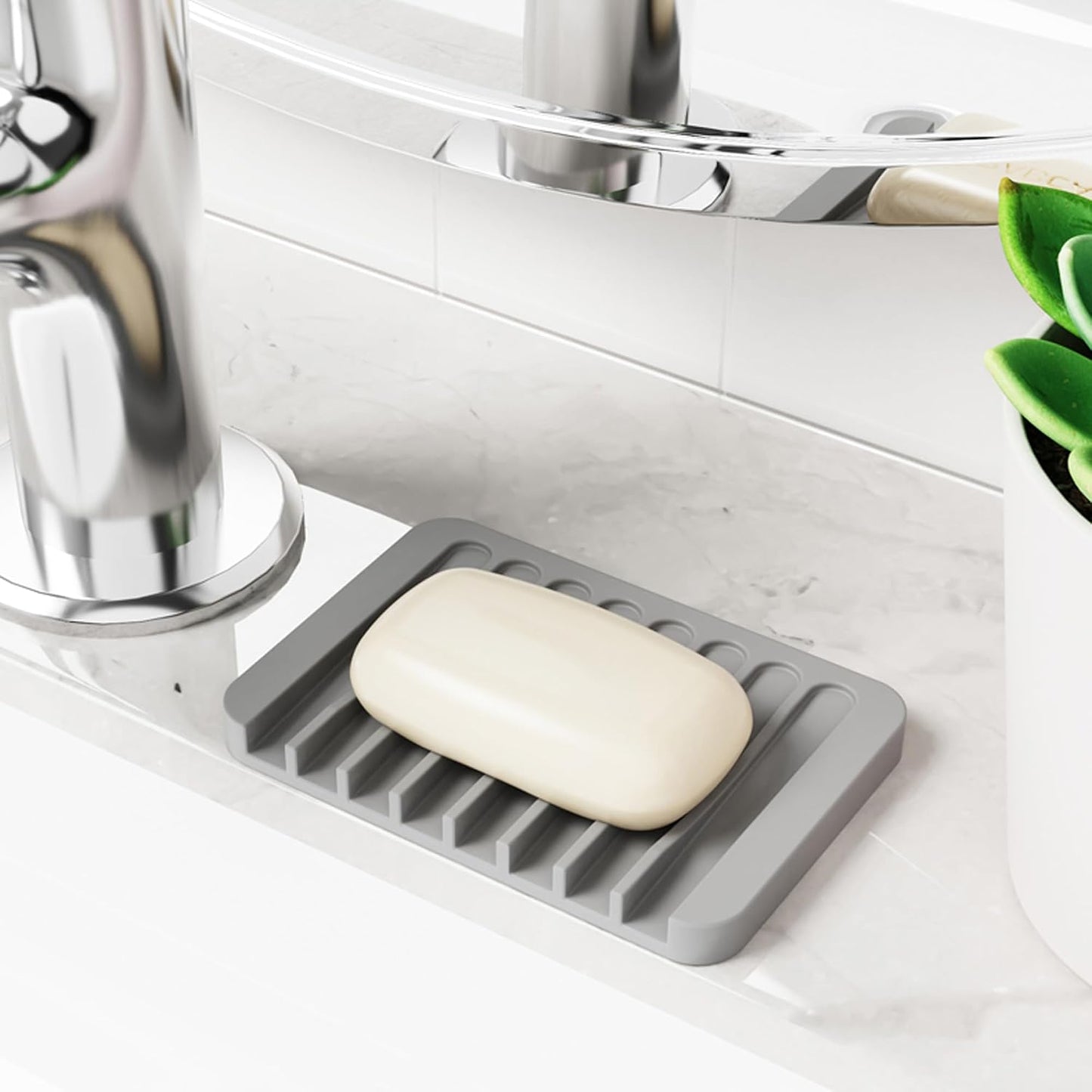 4-Pack Self Draining Soap Dish for Shower Bathroom Waterfall Silicone Soap Saver Tray Sponge Holder for Kitchen Sink Non-Slip Easy Clean (Black and White)