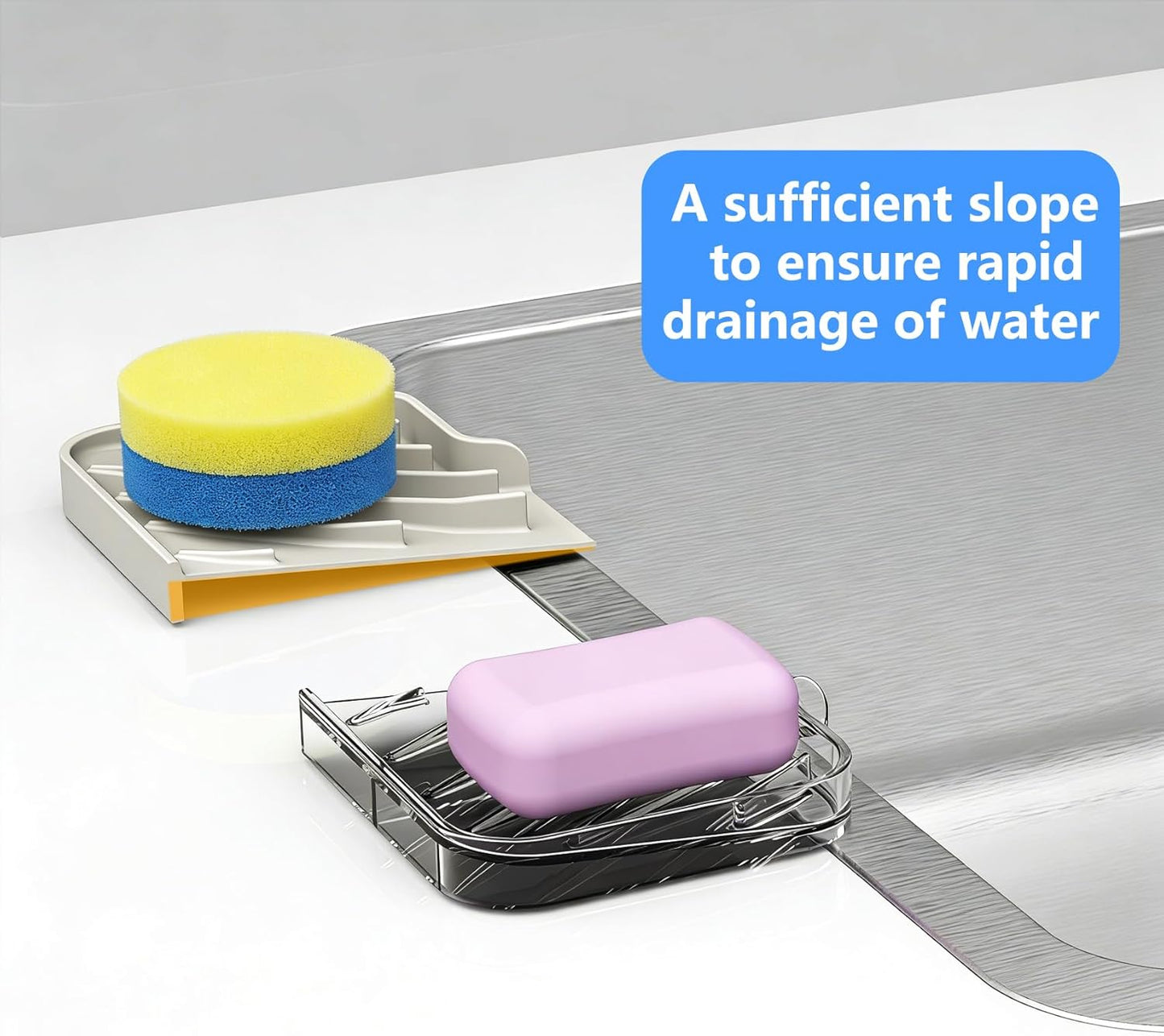 Sponge Holder for Kitchen Sink, Dish Sponge Holder & Soap Tray with Drain, Bathroom Sink Sponge Drying Rack & Perfect Organizer for Dispenser,Bottle,Cup on Sinks or Counter(8"x 4"Gray)
