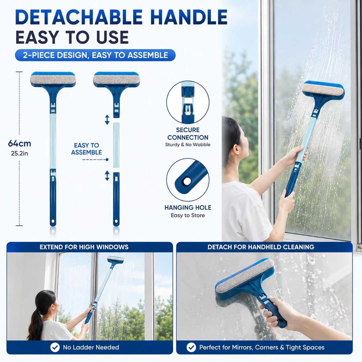 Window Screen Cleaner Brush, 3-in-1 Mesh Screen Cleaning Brush with Squeegee and Detachable Long Handle, Professional Soot and Dust Remover for Window, Patio, Door, Multi-Purpose Home Cleaning Kit