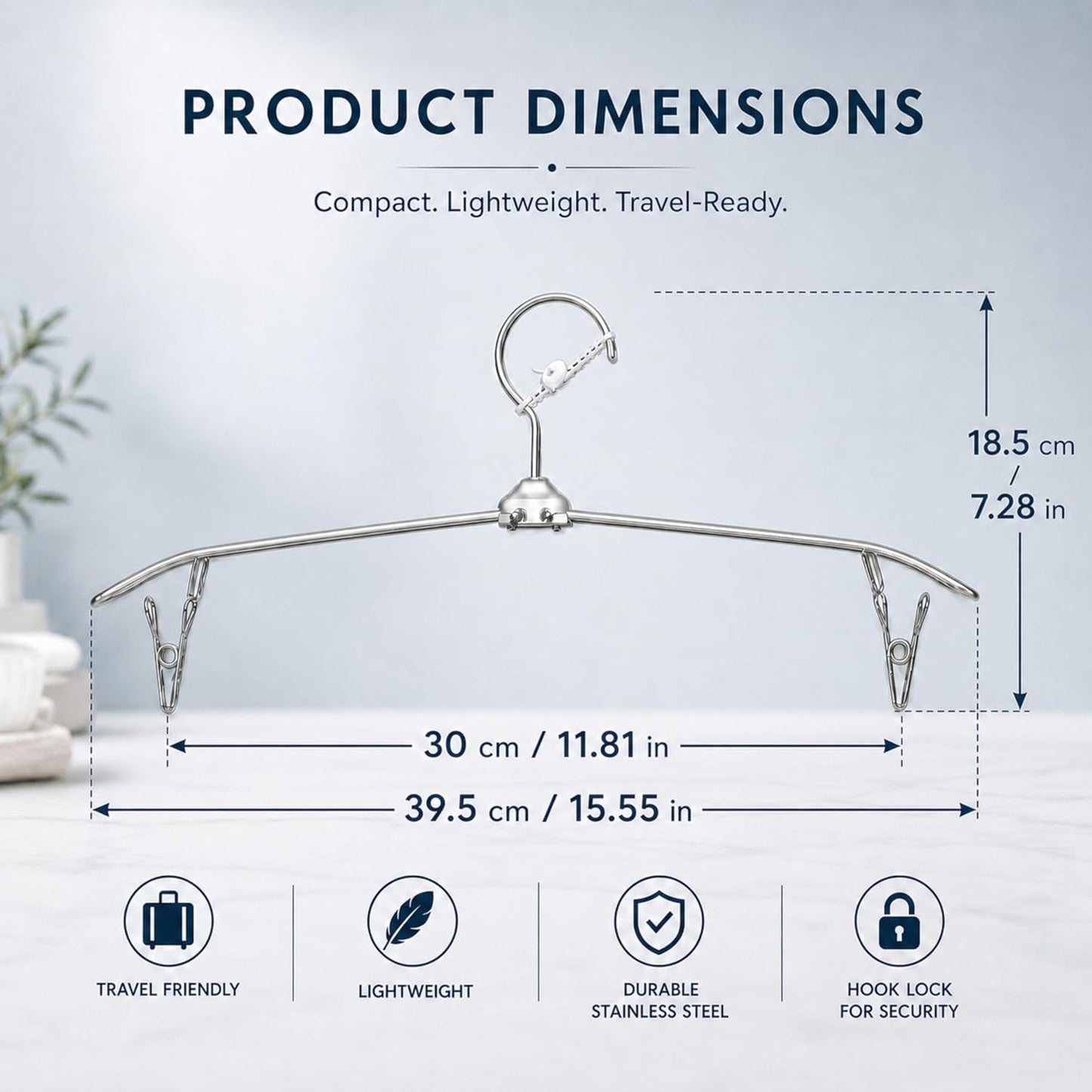 ROOM127 Travel Hangers with Clips, 5 Pack Foldable Stainless Steel Hangers | Windproof Non-Slip Portable Clothes Hangers for Cruise, Camping, RV, Hotel, Suitcase, Silver