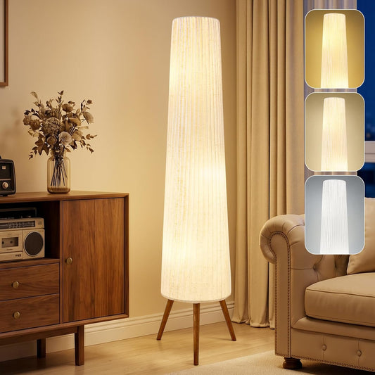 GyroVu 60 Inch Wood Floor Lamp, White Cloth Shade, Color Temperature Adjustable Softlighting Corner Lamp, 3 Bulbs Standing Lamp, Creative Ambient Light for Living Room Bedroom&Office-Bulbs Included