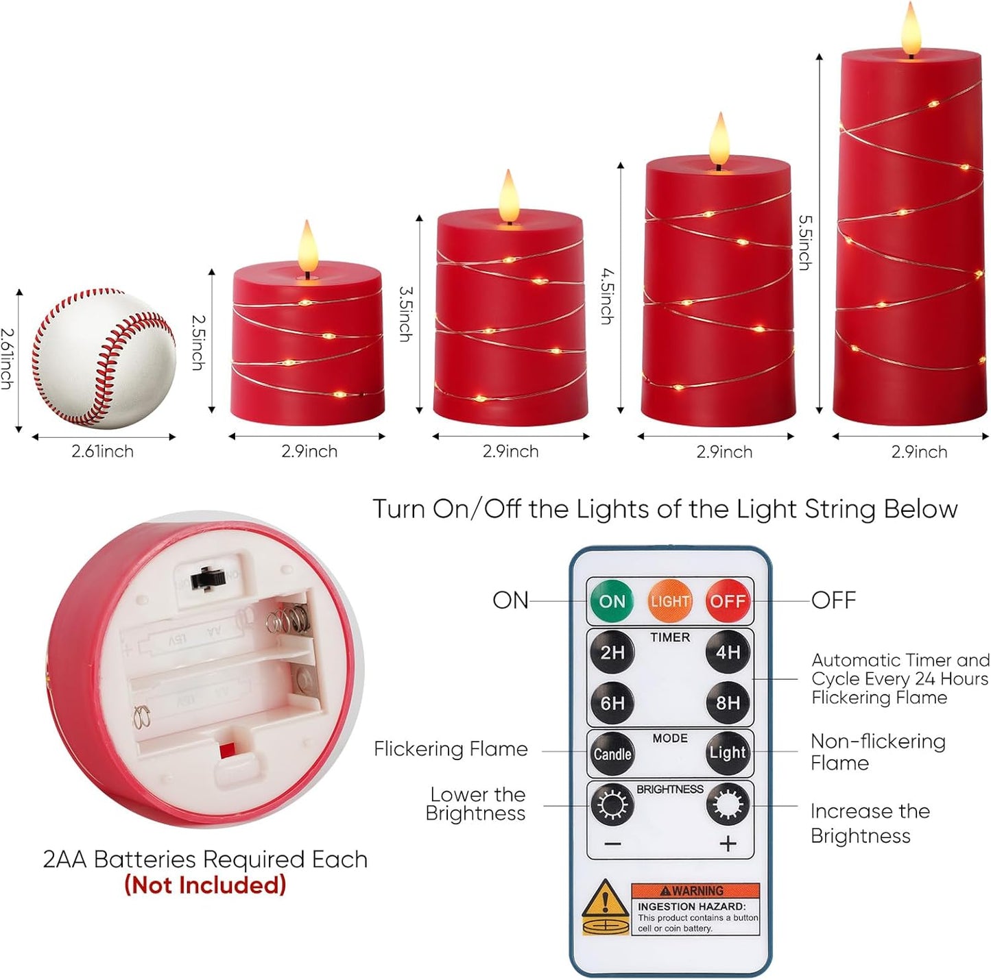Raycare Flameless Candles with Remote Timer, Flickering Battery Operated LED Pillar Fake Candle with String Lights for Home Decor, Christmas, Wedding and Gift, White, Set of 3