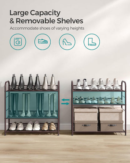 SONGMICS Stackable Shoe Rack, 4 Tier Metal Shoes Rack Storage Shelf, Holds up to 16 Pairs Shoes, Adjustable Slanted Shelves Shoe Tower Organizer for Closet Entryway Small Spaces, Black