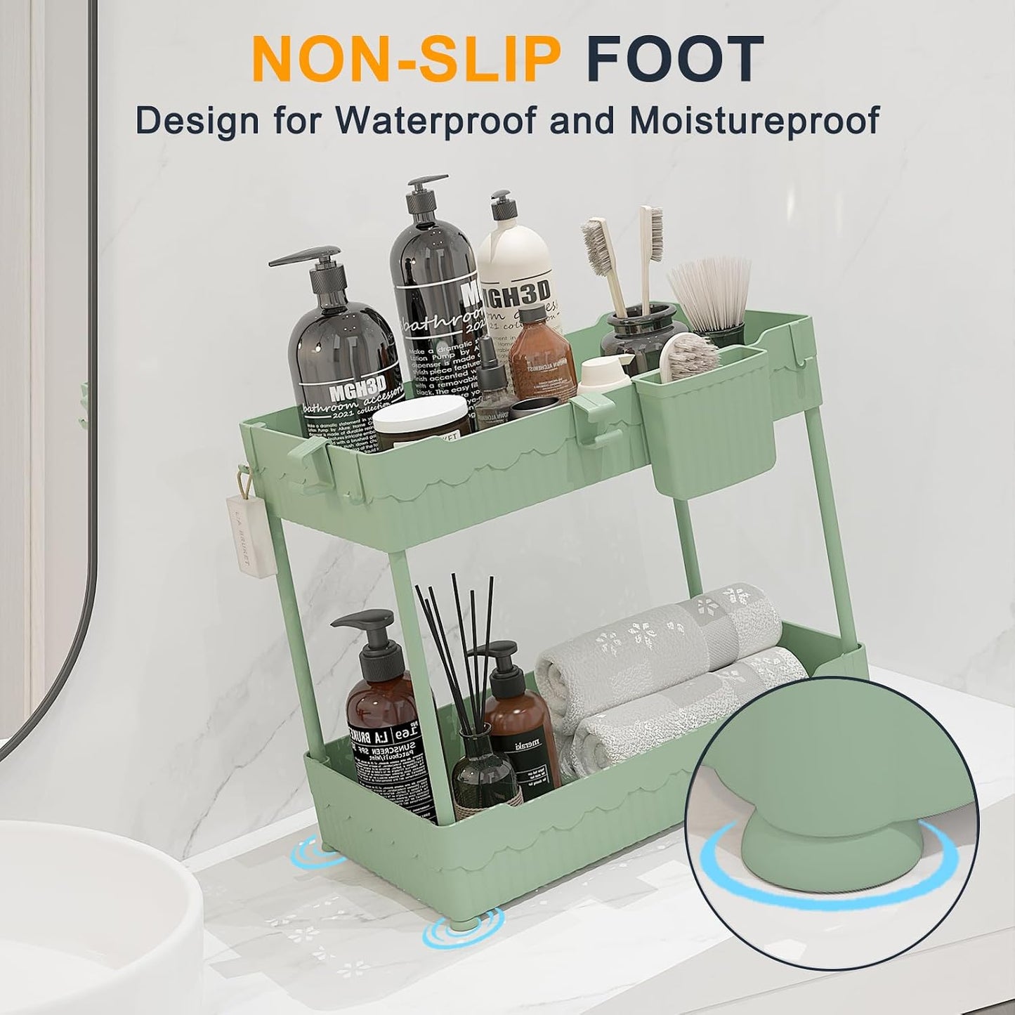 Sevenblue 2 Pack Under Sink Organizer, Under Bathroom Cabinet Organizer with Hooks Hanging Cup, Multi-Purpose Storage Shelf for Kitchen Bathroom, Black