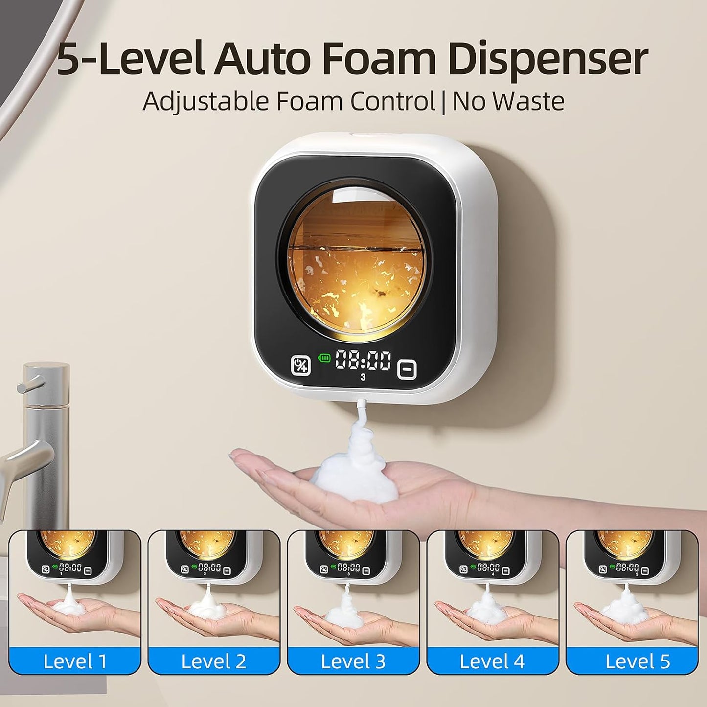 Automatic Foaming Soap Dispenser, Wall Mounted Soap Dispenser, 320ML Electric Smart Touchless Rechargeable, 5 Adjustable Foam Levels, No-Drill Waterproof for Bathroom, Kitchen, Office (Black)