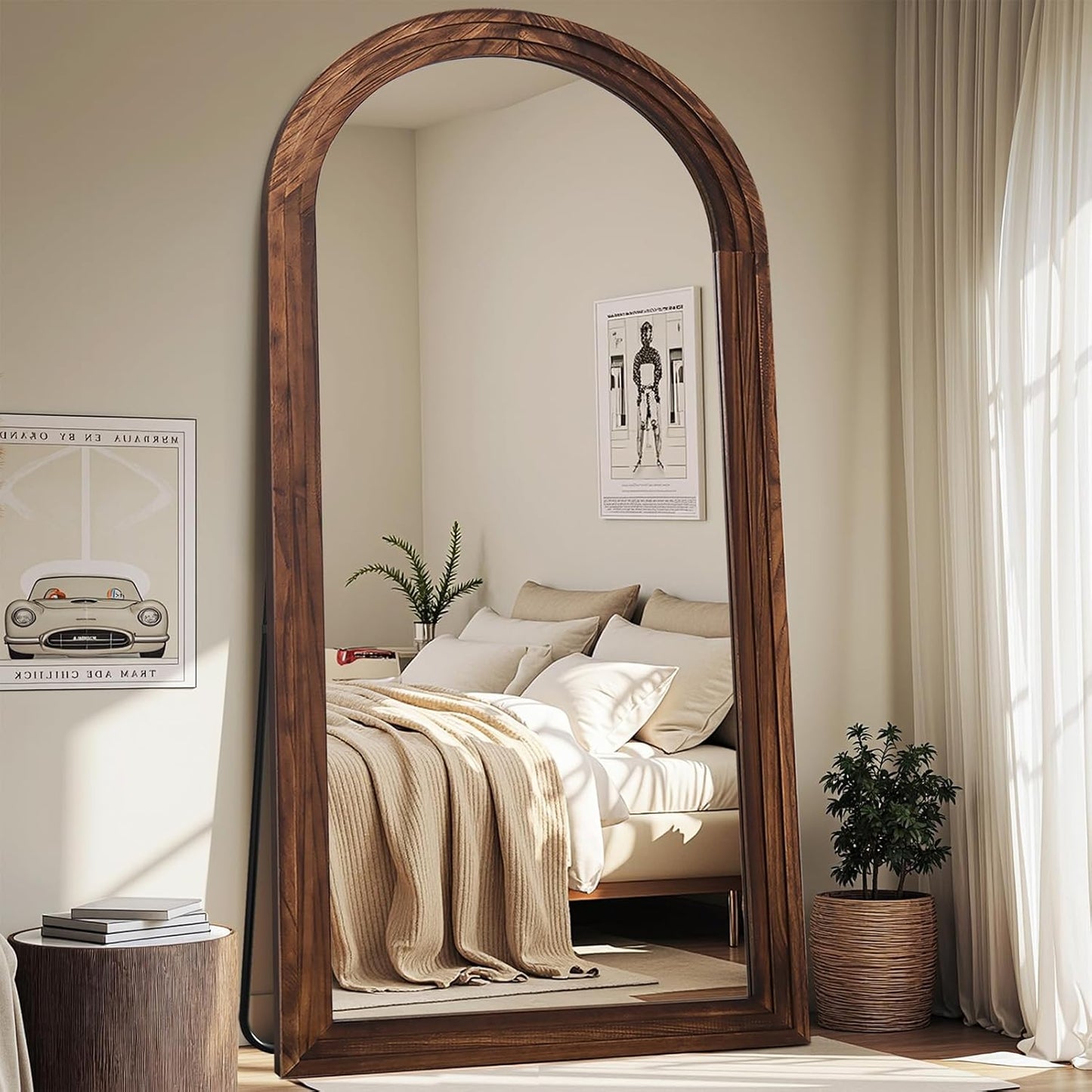Antok Full Length Mirror with Solid Wood Frame, 71"×32" Wall Mounted Oversized Floor Mirror with Stand, Leaning Standing Hanging for Bedroom Living Room Entryway, Walnut, Arched Syle