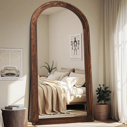 Antok Full Length Mirror with Solid Wood Frame, 71"×32" Wall Mounted Oversized Floor Mirror with Stand, Leaning Standing Hanging for Bedroom Living Room Entryway, Walnut, Arched Syle