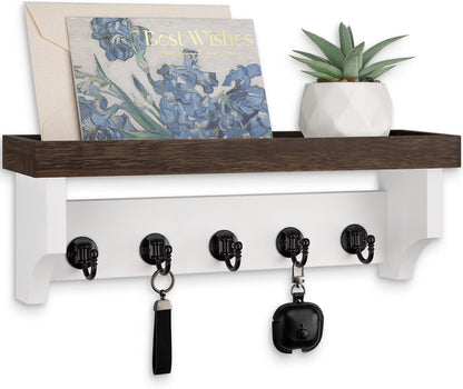 Key and Mail Holder Wall Mount, Key Holder with Shelf and Mail Organizer Wall Mount. Mail Holder with 5 Hooks for Coat, Dog Leash, Home Decor Rack, Entry Way Organizer (White)