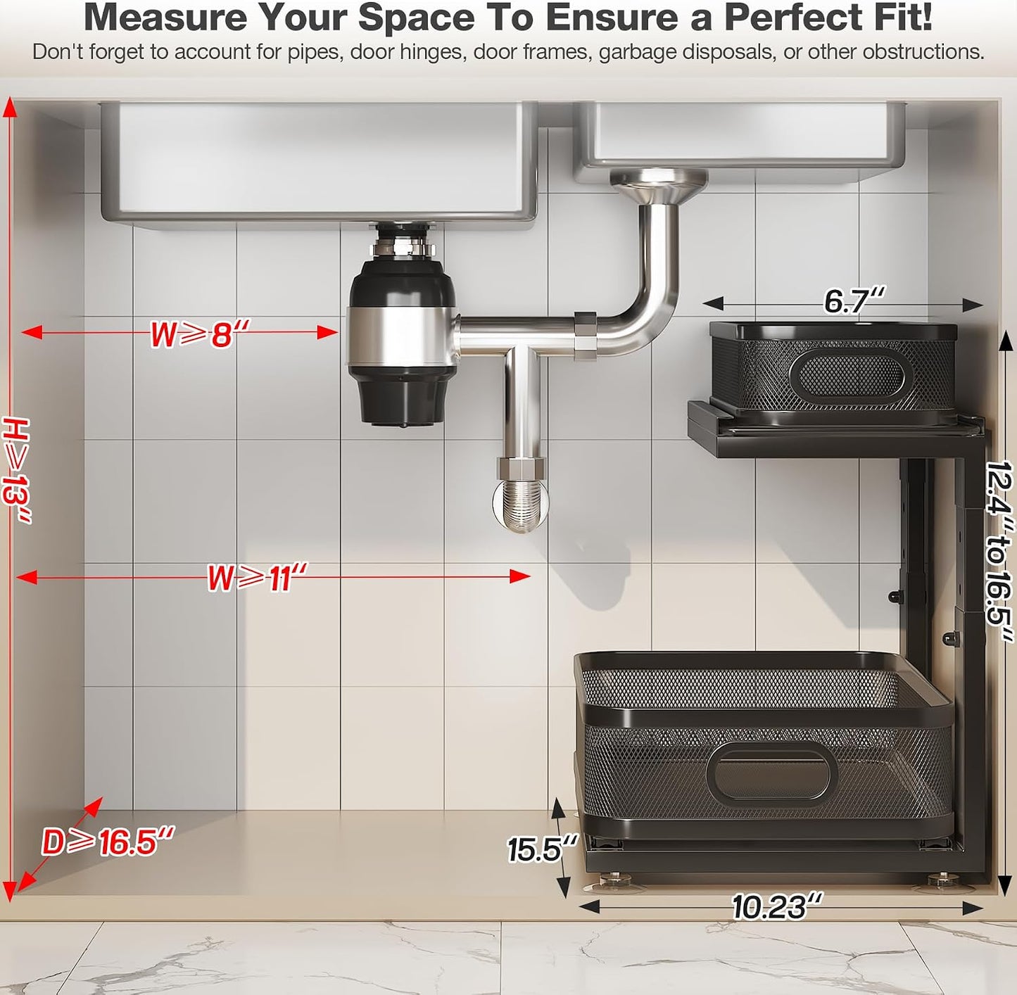 2 Pack 18.5IN-Depth Under Sink Organizer With Next-Gen Ball-Bearing Slides,2-Tier Precision Mesh Pull Out Cabinet Storage for Bathroom&Kitchen,Height Adjustable Drawers Shelf,Anti-rust-White