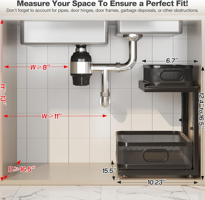 2 Pack 18.5IN-Depth Under Sink Organizer With Next-Gen Ball-Bearing Slides,2-Tier Precision Mesh Pull Out Cabinet Storage for Bathroom&Kitchen,Height Adjustable Drawers Shelf,Anti-rust-White