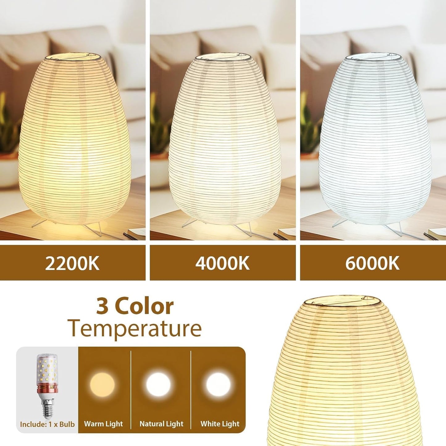 Paper Lantern Lamp, Japanese Paper Table Lamp with 3 Color, Cute Wabi-Sabi Rice Paper Lamp for Desk Bedroom Bedside(Bulb Included)