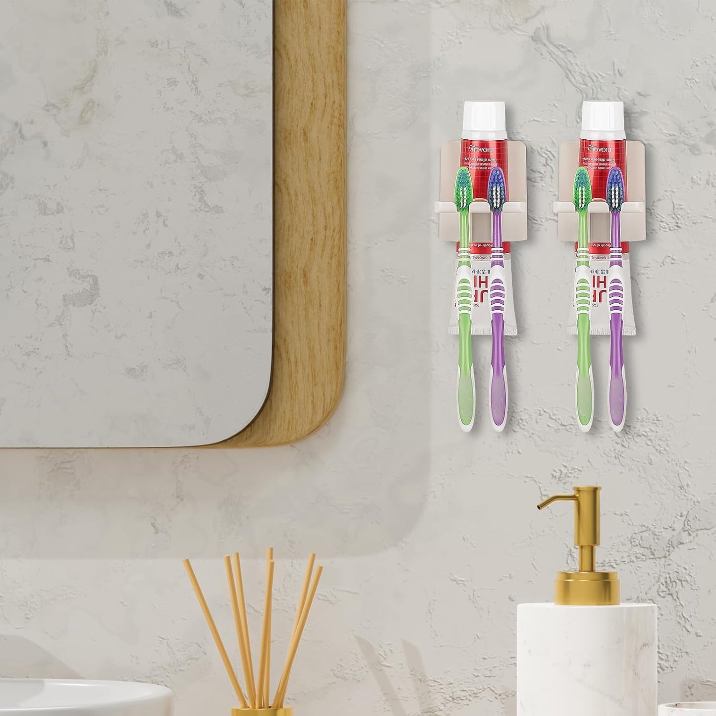 2 PCS Self-Adhesive Toothbrush Holders Wall Mounted, Water Proof Toothbrush Hook, 3 in 1 with Toothbrush Hanger Toothpaste Holder and Gargle Cup Holder for Bathroom Shower (White)