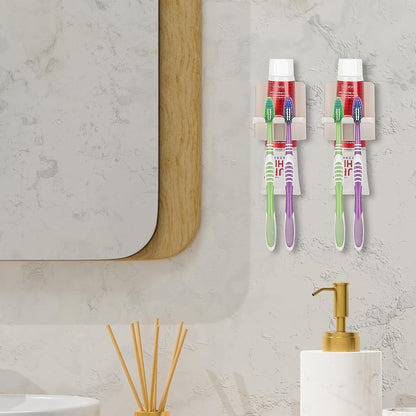 2 PCS Self-Adhesive Toothbrush Holders Wall Mounted, Water Proof Toothbrush Hook, 3 in 1 with Toothbrush Hanger Toothpaste Holder and Gargle Cup Holder for Bathroom Shower (White)